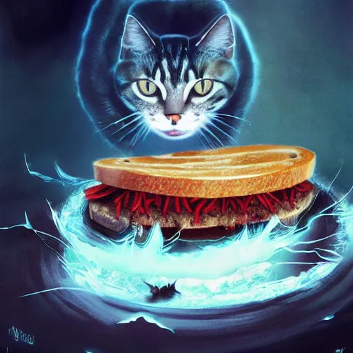 Image similar to deeply scared cat running away from the giant carnivorous sandwich, artstation hq, dark phantasy, stylized, symmetry, modeled lighting, detailed, expressive, true unsimulated emotions, created by hidetaka miyazaki