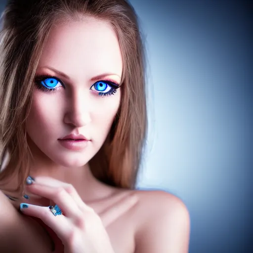 Image similar to photo portrait of very very very beautiful woman staring into camera, realism, blue eyes, extreme detail, key art, ring light, flash, photo by greg rutkoski, photoshoot