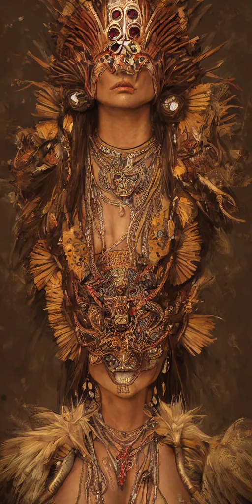 Prompt: a Photorealistic dramatic fantasy render of a beautiful woman wearing a beautiful intricately detailed Aztec Insect shaman mask and costume by WLOP,Artgerm,Greg Rutkowski,Alphonse Mucha, Beautiful dynamic dramatic dark moody lighting,shadows,cinematic atmosphere,Artstation,concept design art,Octane render,8K W 768