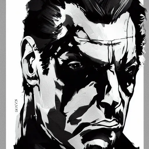 Image similar to cinematic portrait of silvio berlusconi, metal gear solid style, artwork by yoji shinkawa, illustration, black and white, concept art, intricate details, trending on artstation