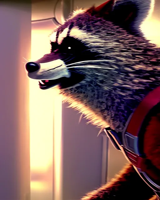 Image similar to film still of rocket the raccoon standing in the hallway of a space ship from guardians of the galaxy, soft volumetric lighting, cinematic, ridley scott, closeup portrait, confident action pose, octane