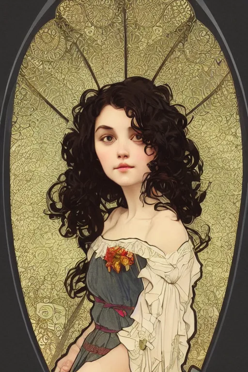 Prompt: beautiful cottagecore of a girl with short black curly hair, round face, cute face. intricate, elegant. highly detailed, digital painting, artstation, concept art, smooth, sharp, focus, illustration. art by alphonse mucha