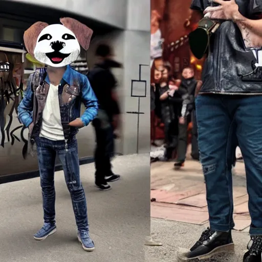 Image similar to pepe the frog head from 4chan on the body of a cartoon dog wearing a leather jacket and jeans