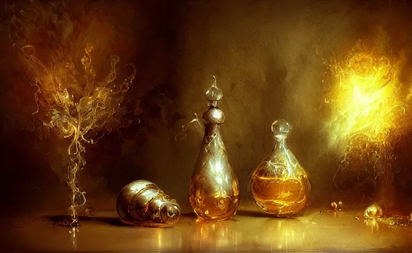 Image similar to alchemy still life amazing composition. by artstation trending, by joseph mallord william turner, luis royo, konstantin razumov, cinematic lighting, fractal flame, highly detailed