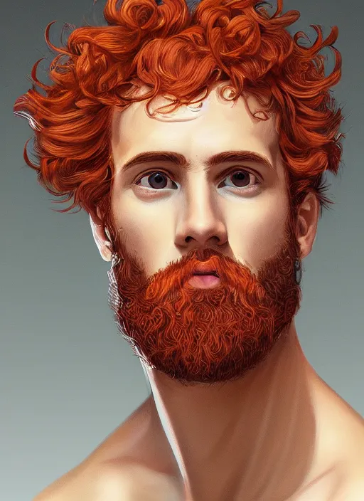 Prompt: illustration of a short curly orange hair man as a portrait, smooth, reflects, masterpiece artwork, ultra detailed, artgerm, style by karl marx, digital art, trending on artstation, behance, deviantart