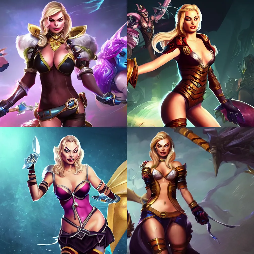 Prompt: Margot Robbie as a league of legends character full body league of legends splash art