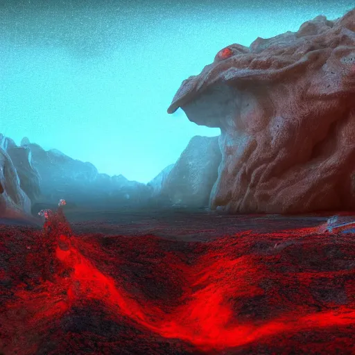 Image similar to a strange alien landscape, realistic, rocky, red and blue, blue particles, strange red particles, strange, alien - style, realistic, landscape, depth, movie lightning, realistic epic shaders, landscape