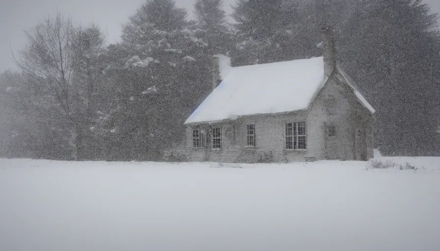 Prompt: A Desolate Cottage with light emitting from it snowed in in a wonderful winter landscape. Blizzard, Heavy snow falling, Snowstorm, Light Haze, Magical Lighting