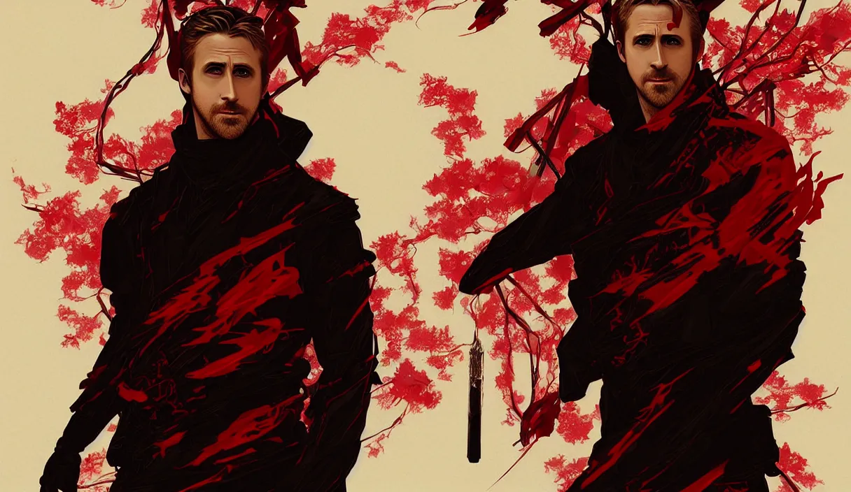 Image similar to portrait ninja ryan gosling, black red color ninja wardrobe, in ruined yasukuni shrine, sci - fi and fantasy, intricate and beautiful and elegant, digital painting, artstation, concept art, smooth and sharp focus, illustration, art by tian zi and wlop and alphonse mucha