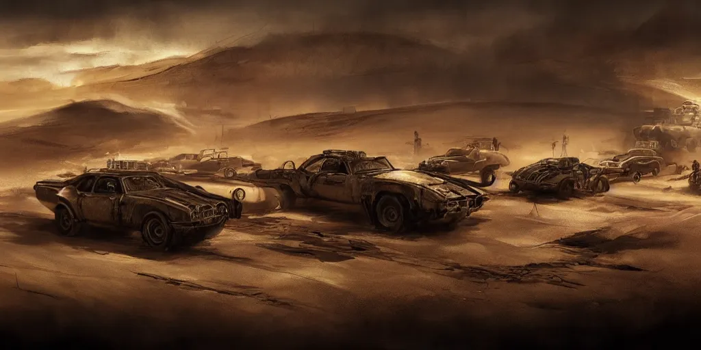 Image similar to an environmental concept art from mad max fury road, single muscle car speeding through the desert, exposing shiny engine, mechanical, highly detailed, cinematic, dramatic lighting by francis tneh