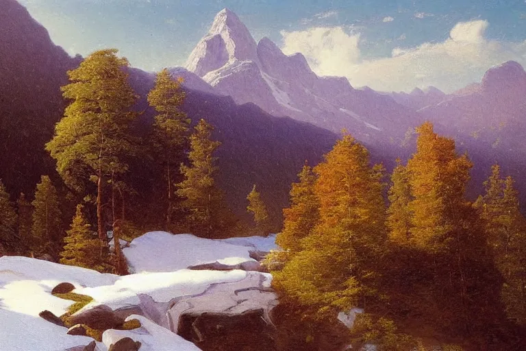 Prompt: mountains, trees, beautiful nature, very detailed, focused, oil painting, colorful, canvas, artstation, Sydney Mortimer Laurence, Albert Bierstadt, Theodor Kittelsen, Hans Dahl, Konstantin Yakovlevich Kryzhitsky, Hermann Hendrich