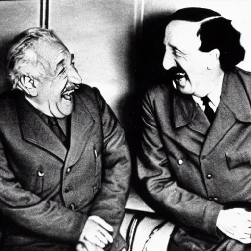 Prompt: Hitler and Einstein laughing very hard