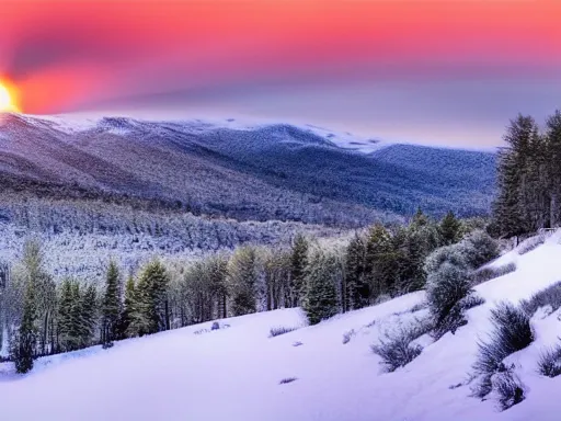 Image similar to a calm, soothing and cozy landscape, snowy mountains, sunset, panorama view, 4 k