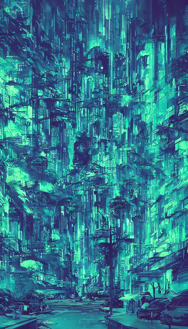 Prompt: vaporwave neo noir cyberpunk blue and green splashes of color landscape forest nature