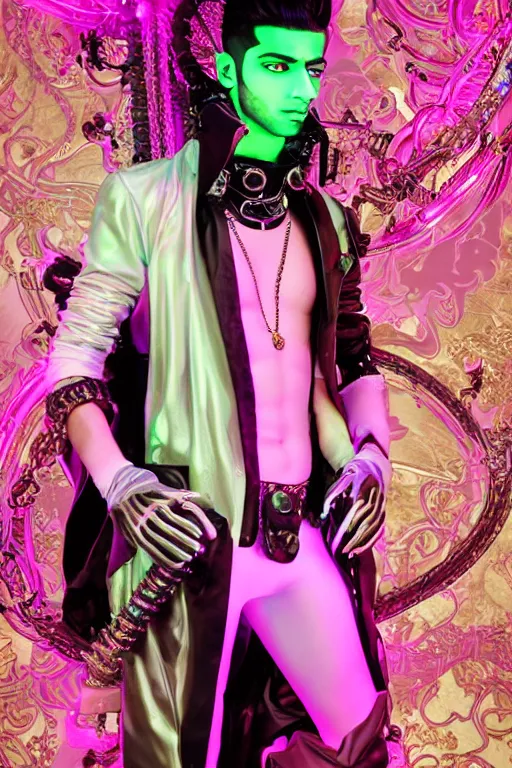 Image similar to full-body rococo and cyberpunk style neon statue of a young attractive Zayn Malik macho dotado e rico android sim roupa reclining con las piernas abertas e la piroca dura, glowing mint laser eyes, golden prince crown, black steampunk gears, pink diamonds, swirling mint-colored silk fabric. futuristic elements. black dripping tar. full-length view. space robots. human skulls. intricate artwork by caravaggio. Trending on artstation, octane render, cinematic lighting from the right, hyper realism, octane render, 8k, depth of field, 3D