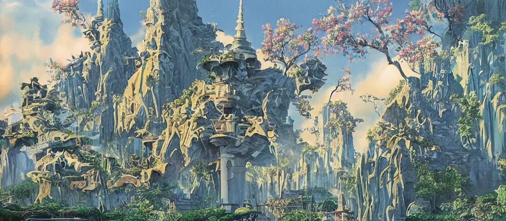 Prompt: huge gargantuan angular dimension of pagoda liminal spaces, temples by escher and ricardo bofill. utopian singaporean landscape by roger dean. magical realism, surrealism, lush sakura trees, waterfalls, thunder, lightning, cyberpunk, shot from below, epic scale