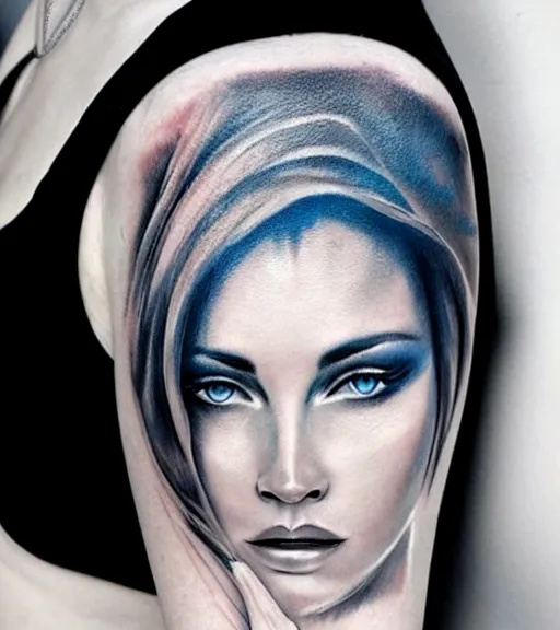 Image similar to tattoo design sketch of a beautiful blue - eyed woman face with a faded background of beautiful mountains and nature on her side, hyper - realistic, in the style of den yakovlev, amazing detail, black and white