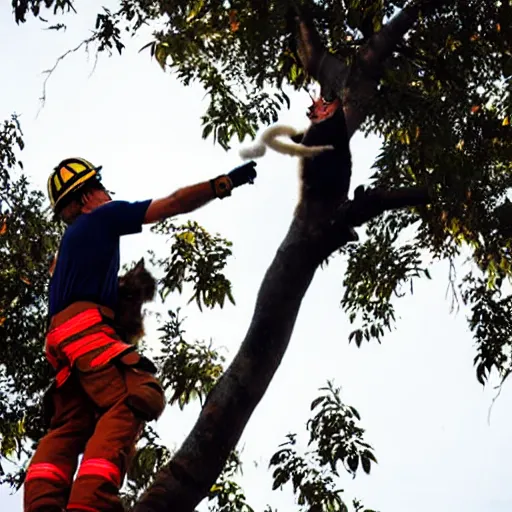 Prompt: a fireman rescuing a cat from a tree