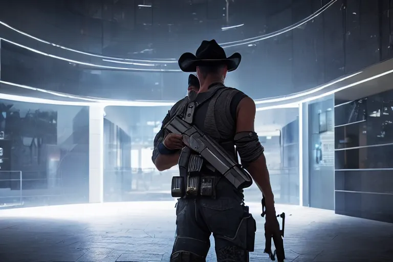 Prompt: photo from behind of a cowboy, carrying a gun, on a futuristic shopping mall, cinematic lightning, ray tracing, unreal engine 5, photorealistic, 8 k, uhd, 4 k, ghost recon breakpoint game concept, extremely detailed, beautiful, elegant, intricate, foggy, in - game footage