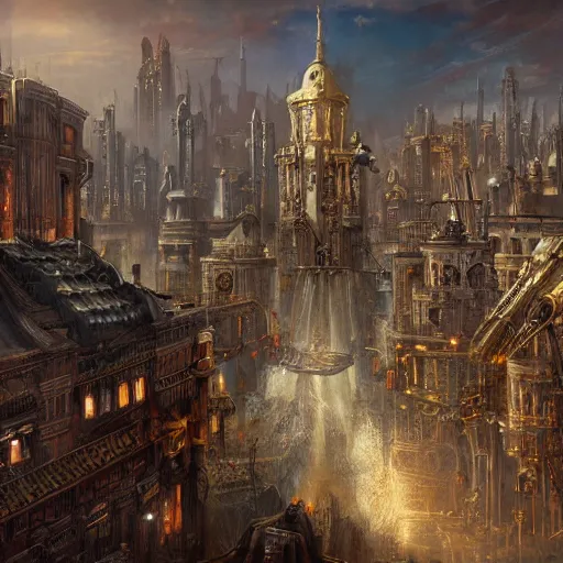 Image similar to artstation concept of a city inspired by steampunk, with numerous steampunk historic elements from industrial light and magic, bright colorful, gold, hyperdetailed, artstation trending, world renowned artists, worth1000.com, historic artworks society, antique renewel, cgsociety, by greg rutkowski, by Gustave Dore, Deviantart