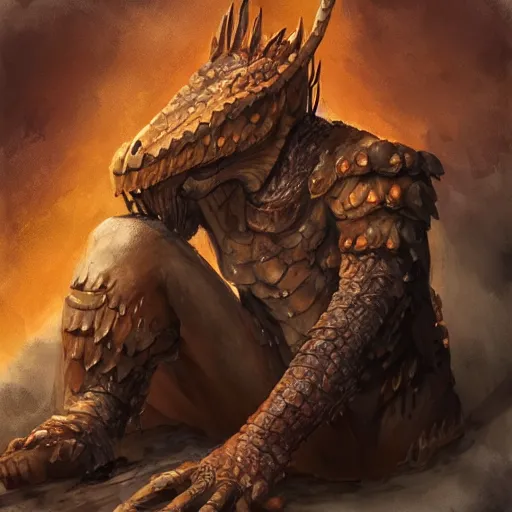 Prompt: a wounded, copper, scaly dragonborn barbarian with a lot of battlescars sitting down, slouched over and mourning the death of his friend