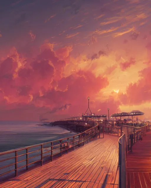 Image similar to marmalade sky with boardwalk along the ocean, trending on artstation, cgsociety, polycount, illustrated by greg rutkowski, intricate, detailed