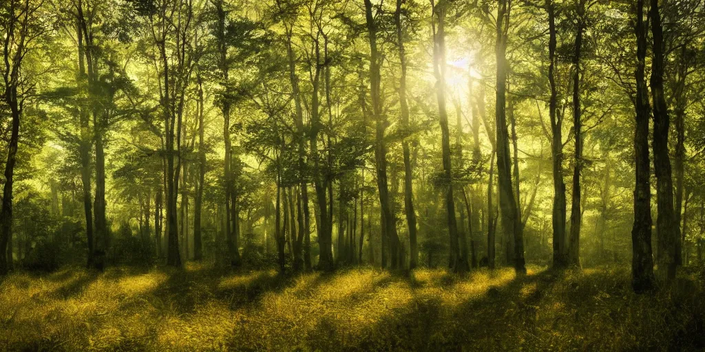 Prompt: A photorealistic landscape of a beautiful and serene forest, with the sunlight shining through the trees and casting a dappled light on the ground, in a peaceful and calming style.