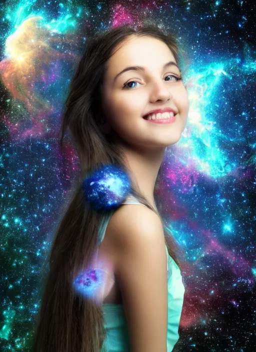 Image similar to Portrait shot of a beautiful girl with a nebula representing neurology beautifully emulating from her head