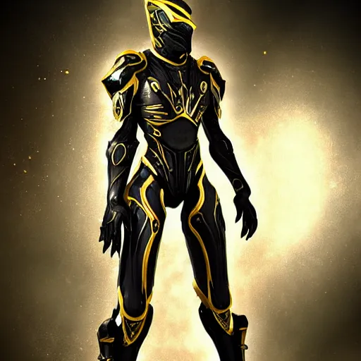 Image similar to black and gold warframe armor cinematic detailed photorealistic digital artwork digital painting