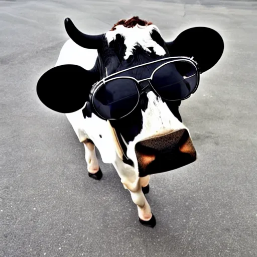 Prompt: a cool jazzy cow wearing sunglasses and black outfit
