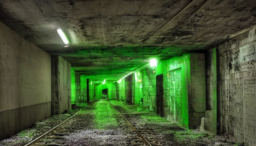 Prompt: subway tunnel, creepy, abandoned, radioactive green mushrooms