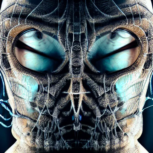 Image similar to hr giger and beeple and artgerm 3 d render of a man with fractal spiderwebs all over his face, detailed, reflections, realistic, unreal engine, cgsociety