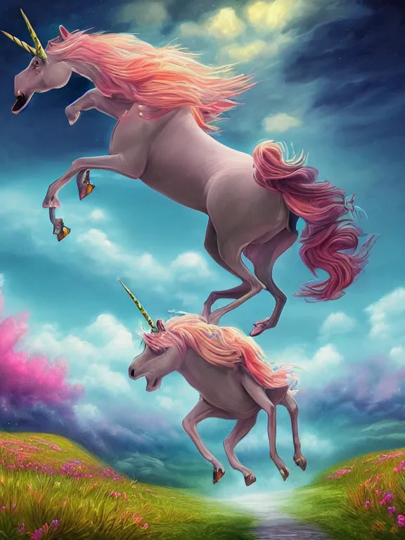 Image similar to A beautiful ultra detailed matte painting a unicorn running in the wind vivid colors, by Cyril Rolando, David Wiesner, unreal engine, trending on artstation