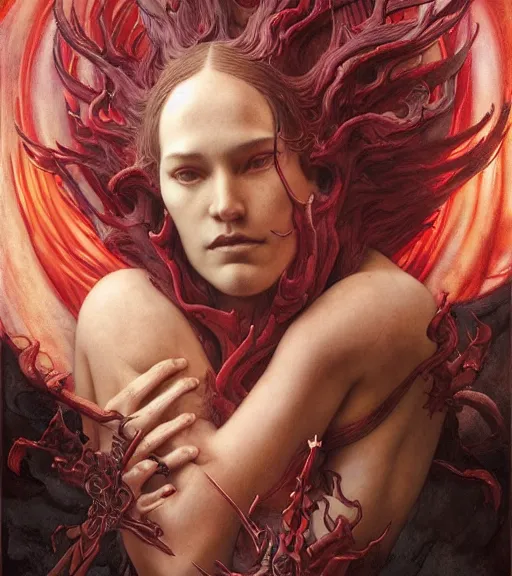 Prompt: red nightmare of the maiden in the fortress of lies, by annie swynnerton and tino rodriguez and charlie bowater and tom bagshaw and nicholas roerich and jean delville and evelyn de morgan and lucien freud, dramatic lighting, floral tattoos, rich colors, smooth sharp focus, anime key visual, extremely detailed, adolf wolfli