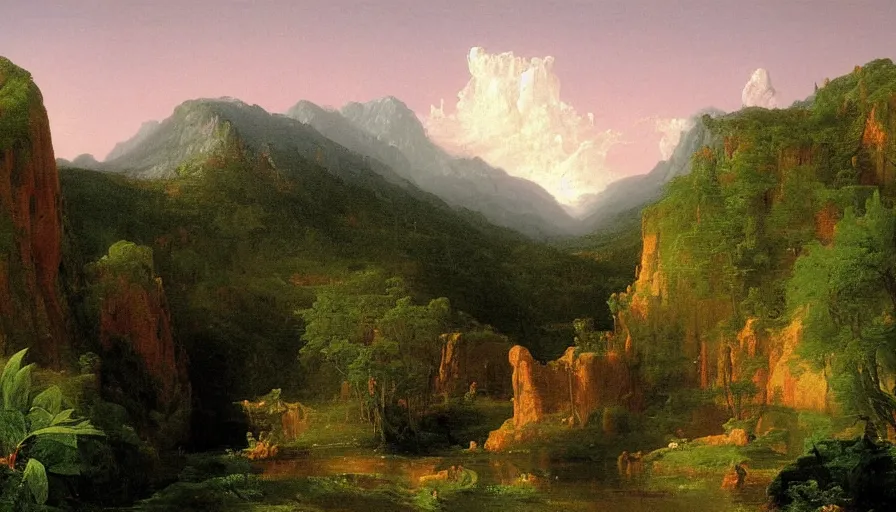 Prompt: pink american landscape, painted by thomas cole