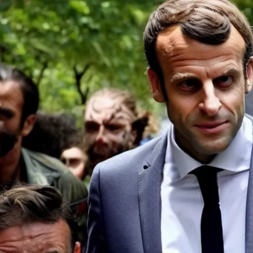 Prompt: Emmanuel Macron as a zombie in The Walking dead