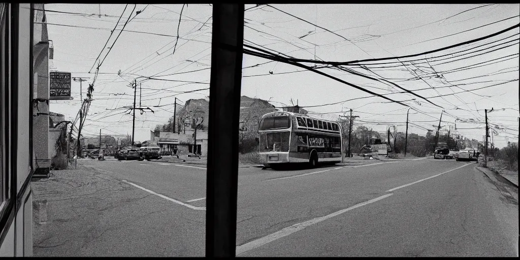 Prompt: telephone wires out of a bus window, leica, 2 4 mm lens, cinematic screenshot from the 2 0 0 1 surrealist film directed by charlie kaufman, kodak color film stock, f / 2 2, 2 4 mm wide angle anamorphic