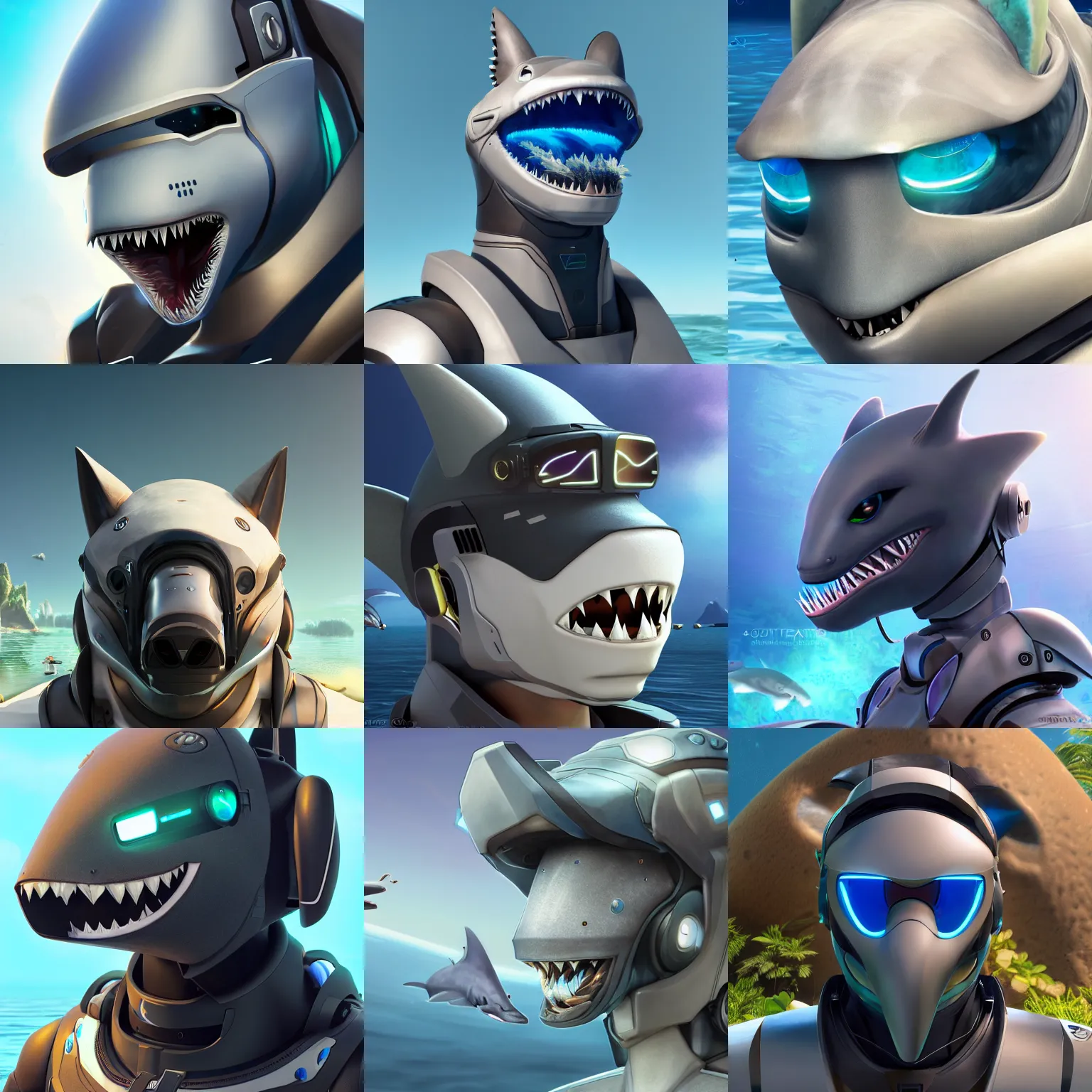 Prompt: very very beautiful furry art, bust profile picture of a male robotic anthro shark, large dark visor covering face, snout under visor, commission on furaffinity, cgsociety, octane render, subnautica