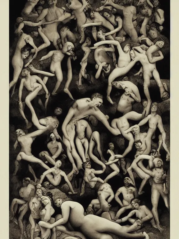 Prompt: the Brazilian Modern Art Week poster. The poster style is modernism and the details are minimal. The poster features a sequence of images, ideas, emotions, and sensations that usually occur involuntarily in the mind during certain stages of sleep, The background of the poster is a light beige color, designed by Gustave Doré