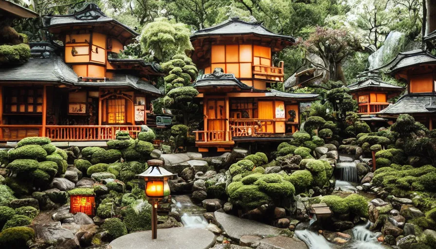 Image similar to A secret dreamy Japanese Victorian style cozy cabin cafe neighborhood city behind a waterfall with many glowing lanterns and ornate creative decorations by Gucci, mushroom kingdom, super mario theme, lush exotic mushroom like plants and bonsai trees, fashionable people walking around, mossy rocks, bookshelves, floating koi fish, magical feeling vibes, hidden tiny houses, style by Wes Anderson and James Jean, trending on artstation