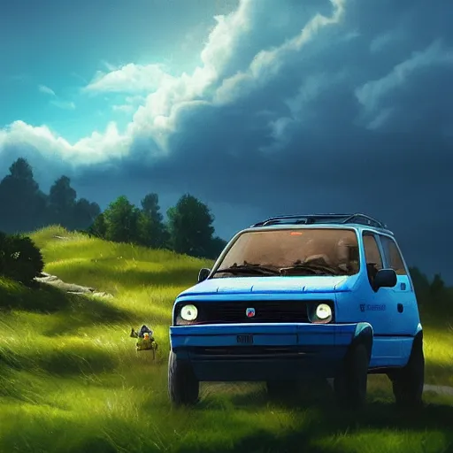 Image similar to blue fiat panda riding in mountains, dramatic light, clouds, artstation, hyper realistic, simon stalenhag