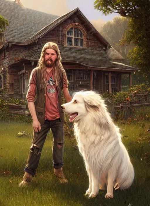 Image similar to highly detailed portrait of long - haired hillbilly in front of old style house, with his fluffy australian shepherd, blonde hair, stephen bliss, art by greg rutkowski, loish, rhads, ferdinand knab, makoto shinkai and lois van baarle, artgerm, pixar, ilya kuvshinov, rossdraws, tom bagshaw, global illumination