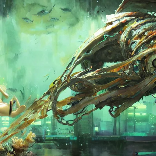 Image similar to woman diving in, an alien aquarium, kelp, coral, solar rays, cyberpunk, realistic, detailed, Industrial Scifi, paint, watercolor, in the style of Ashley Wood and Wadim Kashin