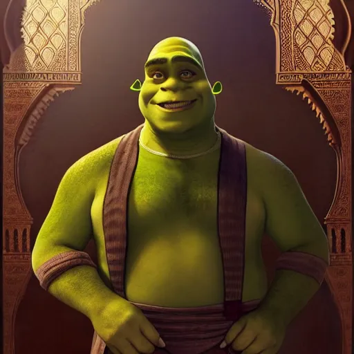 Prompt: handsome shrek in a tuxedo in a moroccan wedding, highly detailed, digital painting, artstation, concept art, sharp focus, illustration, art by greg rutkowski and alphonse mucha