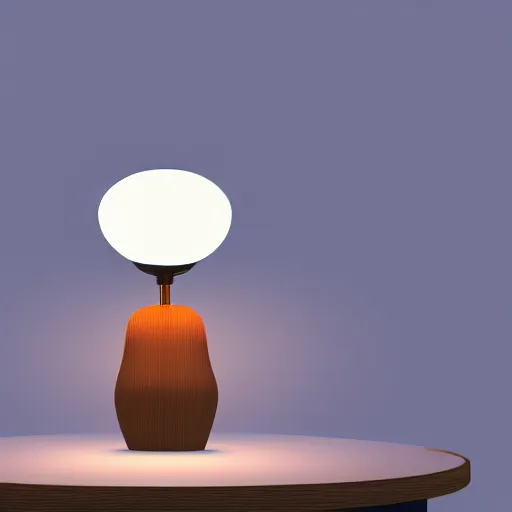 Prompt: 3 d render of a lamp on a room with a blue circle on a wooden table with ray tracing