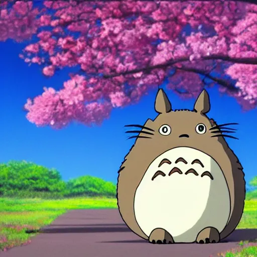 Prompt: Totoro in a cherry blossom field ghibli theme