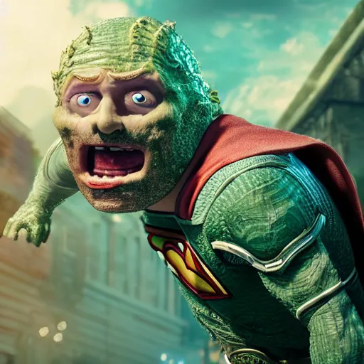 Image similar to pickle rick as superman! in gears of war, splash art, movie still, detailed face, photorealistic facial features, cinematic lighting, dramatic, octane render, long lens, shallow depth of field, bokeh, anamorphic lens flare, 8 k, hyper detailed, 3 5 mm film grain