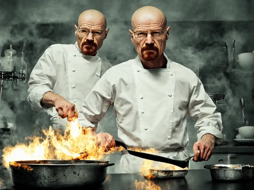 Image similar to walter white cooking eggs in a saucepan. He is looking worried. The stove is on fire. dramatic lighting, movie poster