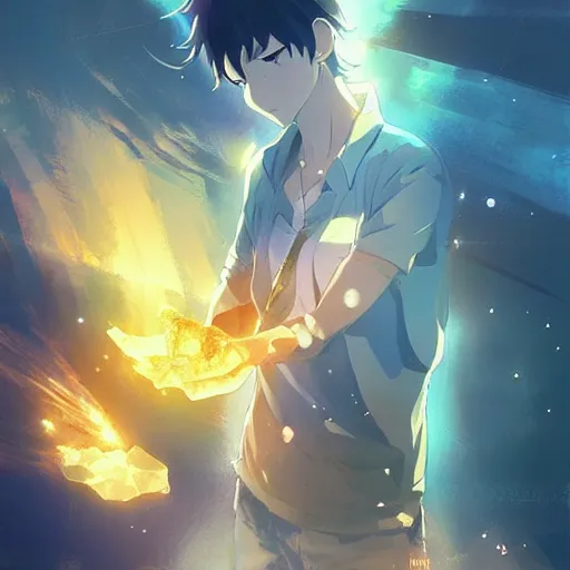 Image similar to a rough golden crystal with human head and hands, poster art by makoto shinkai, featured on pixiv, environmental art, official art, anime, movie poster