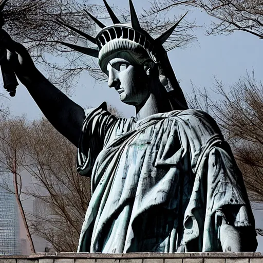 Prompt: a destroyed and deserted statue of liberty